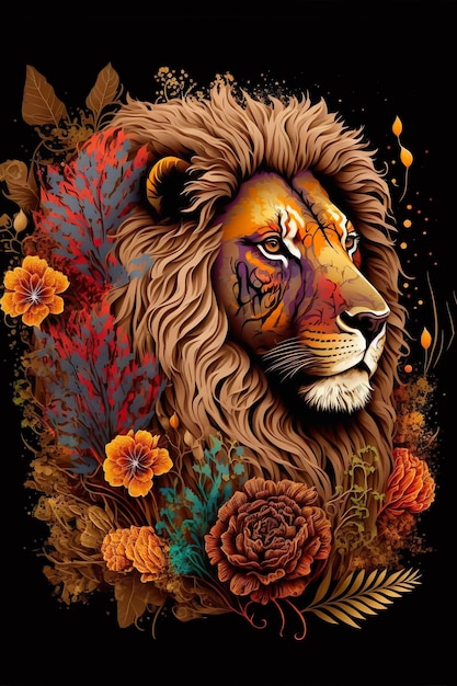 Schöne Porträt-Löwe-abstrakte Blumenplakat-AI-Illustration