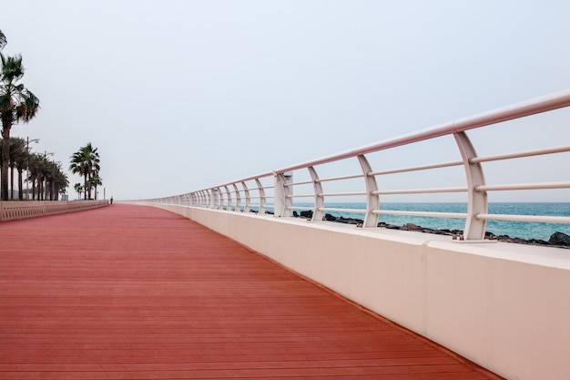 Schöne Promenade mit Gehweg und weißem Zaun.