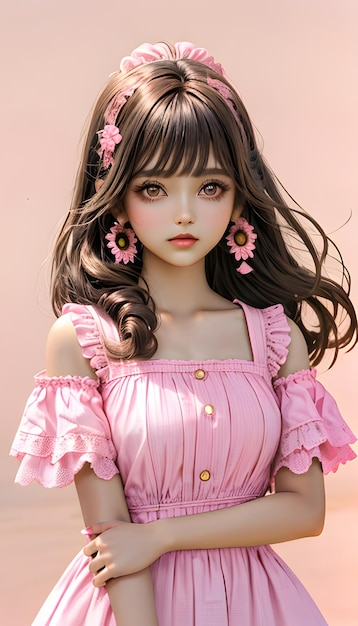 schöne Puppe Mädchen braune Augen Sommer rosa Hintergrund Mode