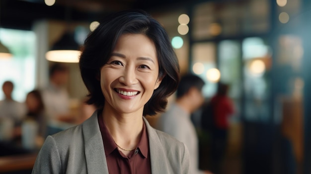Schöne, reife asiatische Geschäftsfrau steht und redet mit Freunden im Büro