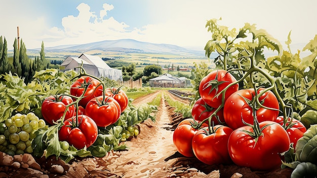 Schöne reife rote Tomaten in Nahaufnahme auf einem Bauernhof. Stilisierte Illustration der ökologischen Landwirtschaft, die von der KI generiert wurde