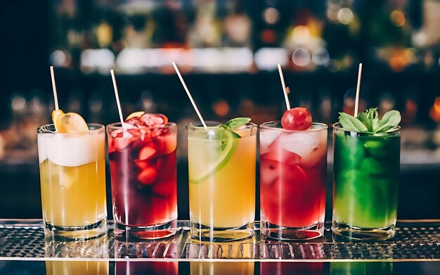 Foto schöne reihe farbenfroher alkoholischer cocktails in einer nachtclubbar