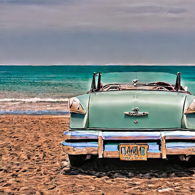 Foto schöne retro-auto auf einem strand bei einem wunderschönen sonnenuntergang außerhalb der stadt ungewöhnliche illustration von cartoon-made-up-auto