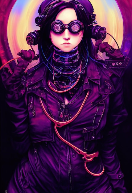 Schöne Retro-Welle Wissenschaftlerin mit Goggles Cyberpunk-Metaverse-Charakter Konzept Digitale Kunst