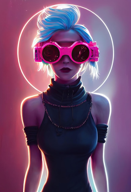Schöne Retro-Welle Wissenschaftlerin mit Goggles Cyberpunk-Metaverse-Charakter Konzept Digitale Kunst