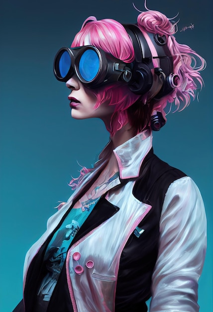 Schöne Retro-Welle Wissenschaftlerin mit Goggles Cyberpunk-Metaverse-Charakter Konzept Digitale Kunst