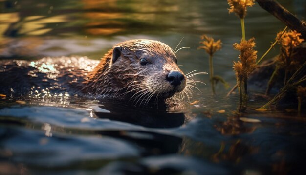 Foto schöne robbe schwimmt in einem ruhigen teich und schaut auf eine von ki erzeugte kamera