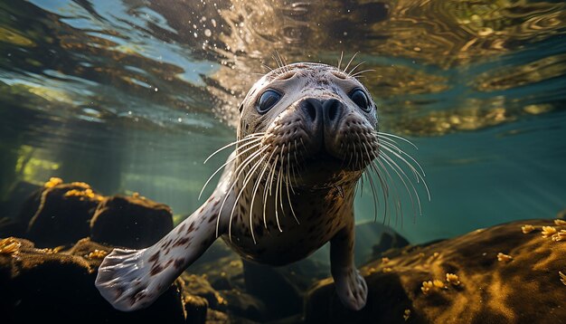 Foto schöne robben schwimmen unter wasser und schauen mit spielerischen augen, die von ki generiert wurden, in die kamera.