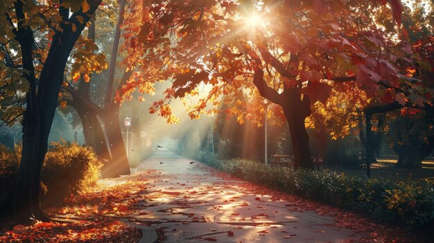 Schöne romantische Gasse in einem Park mit bunten Bäumen und Sonnenlicht Herbst natürlicher Hintergrund