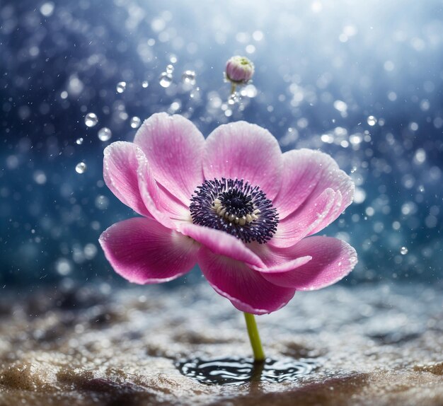 Foto schöne rosa anemonenblüte im wasser mit wassertropfen