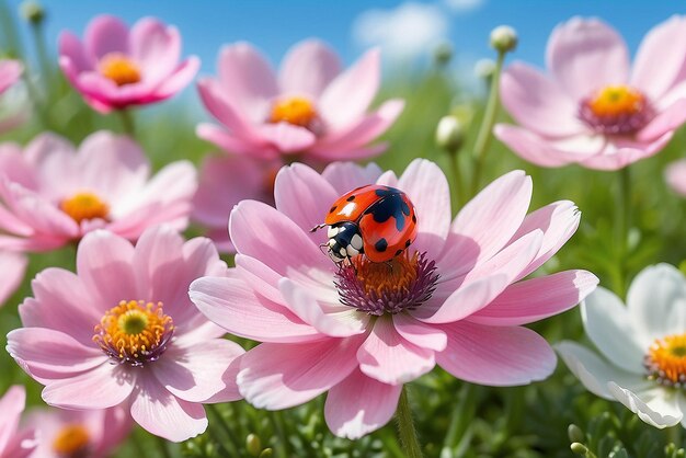 Schöne rosa Blüten Anemonen und Marienkäfer im Frühling Natur im Freien gegen den blauen Himmel Makro weiche Fokus Magische farbenfrohe künstlerische Bild Zärtlichkeit der Natur Frühlingsblumen Tapeten