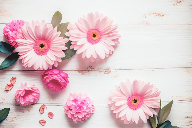 Schöne rosa Blumen auf weißem Holzhintergrund Valentinstag-Konzept mit Kopierraum