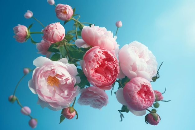 Schöne rosa Blumen Pflanzen auf blauem Hintergrund Natur Pastell natürliches rosig-azur Generieren ai