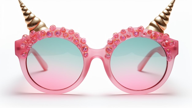 Schöne rosa Einhorn-Sonnenbrille mit Horn und Ohren auf weißem Hintergrund