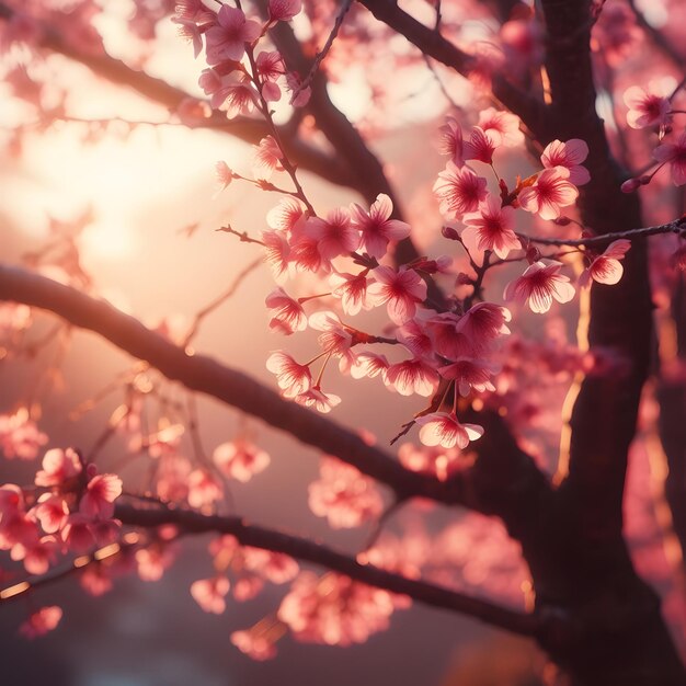 Schöne rosa Kirschblüten Sakura im Wintermorgen bei Sonnenaufgang Japan Natur Hintergrund