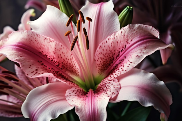 Schöne rosa Lilienblüten auf dunklem Hintergrund in Nahaufnahme