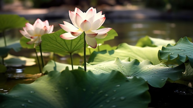 Schöne rosa Lotusblume und grünes Blatt im Teich mit regengenerativer KI