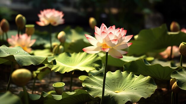 Schöne rosa Lotusblume und grünes Blatt im Teich mit regengenerativer KI