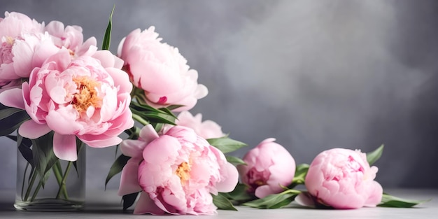 Foto schöne rosa pfingstrosenblüten in vase auf steinhintergrund mit kopierraum generative ki