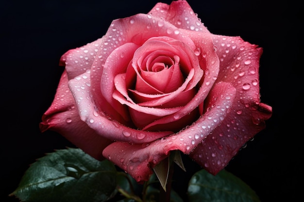 Schöne rosa Rose mit Wassertropfen auf schwarzem Hintergrund, Nahaufnahme einer rosa Rose mit Wassertropfen auf ihren Blütenblättern und einem dunklen Hintergrund, der von der KI generiert wurde