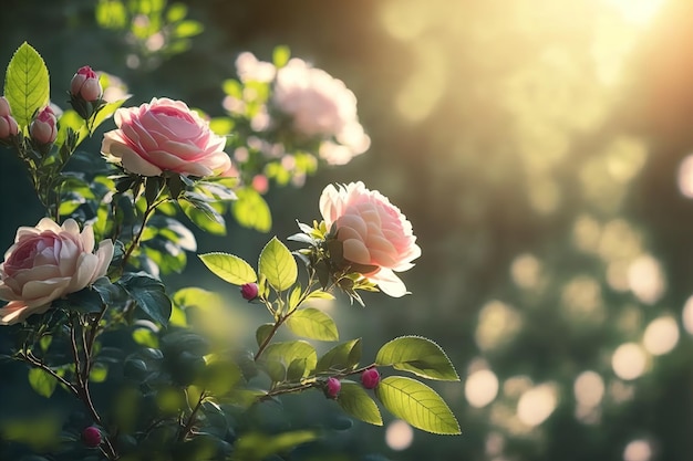 Schöne rosa Rosenblumen im Garten bei Sonnenuntergang. Natürlicher Hintergrund