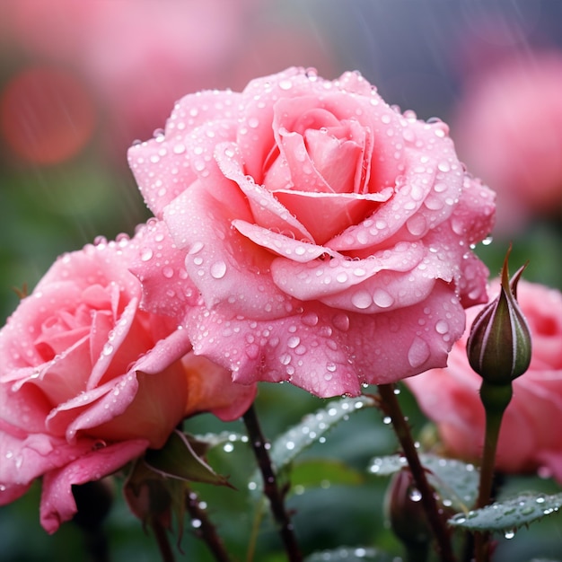 Schöne rosa Tee-Rosen mit Tau im Garten