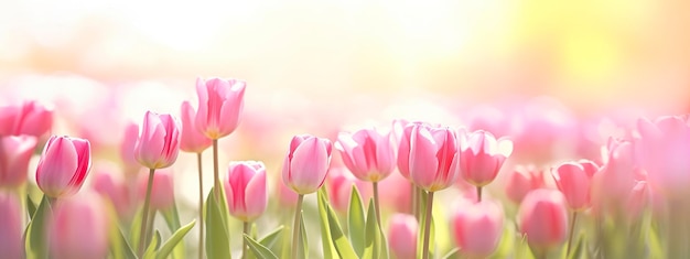 Schöne rosa Tulpe auf einem verschwommenen, frühlingssonnenreichen Hintergrund. Generative KI