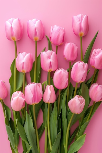 Schöne rosa Tulpen auf rosa Hintergrund flach gelegt Grußkarte schöne Tulpen am Muttertag