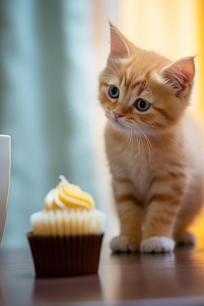 Schöne rosafarbene Kätzchen starrt auf den Cupcake auf dem Tisch aus der Nähe