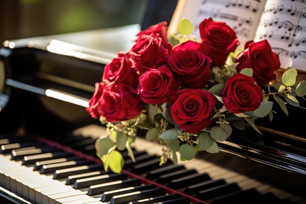 Schöne Rosen, die auf einem Klavier platziert sind, symbolisieren bei jeder Gelegenheit und am Valentinstag leuchtende, freudige Liebe