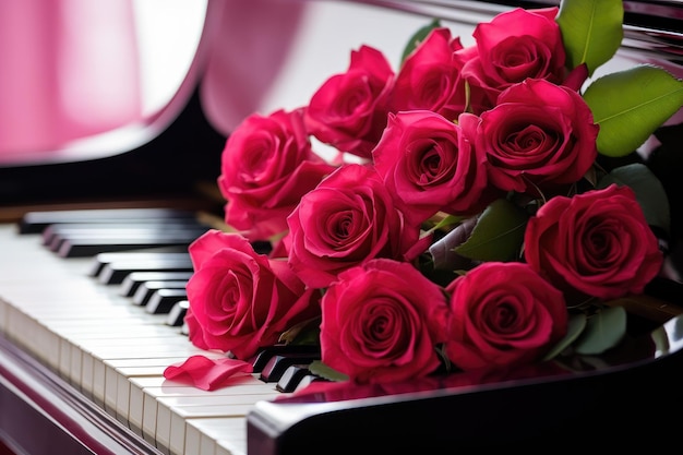 Schöne Rosen, die auf einem Klavier platziert sind, symbolisieren bei jeder Gelegenheit und am Valentinstag leuchtende, freudige Liebe