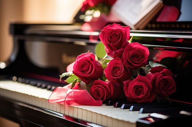 Schöne Rosen, die auf einem Klavier platziert sind, symbolisieren bei jeder Gelegenheit und am Valentinstag leuchtende, freudige Liebe