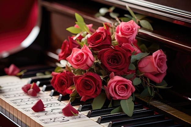 Schöne Rosen, die auf einem Klavier platziert sind, symbolisieren bei jeder Gelegenheit und am Valentinstag leuchtende, freudige Liebe