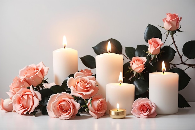 Schöne Rosen und brennende Kerzen an der weißen Wand
