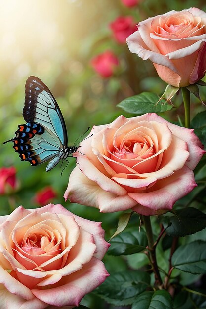 Schöne Rosen und Schmetterlingsblumen blumiger Hintergrund