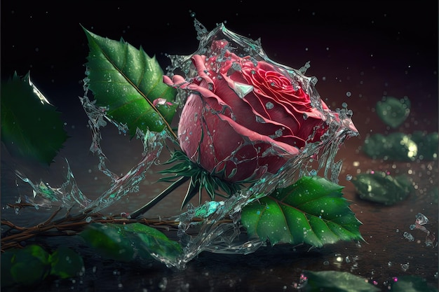 Schöne Rosenblüte mit Spritzwasser auf nasser Oberfläche Generative Ai