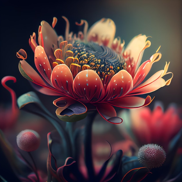 Schöne rote Blume auf dunklem Hintergrund, 3D-Illustration