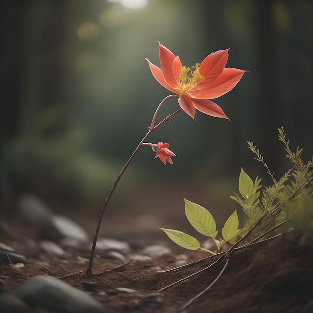 Schöne rote Blume im dunklen Wald Vintage-Stil Foto generative ai