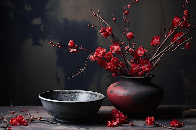 Schöne rote Blumen in einer Vase auf einem Holztisch vor dunklem Hintergrund