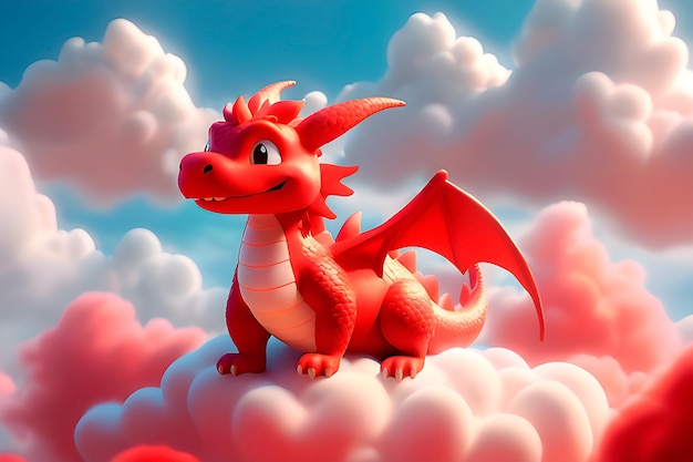 Schöne rote Drache auf einer flauschigen roten Wolke im 3D-Render-Stil