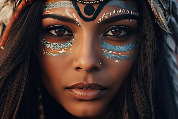 schöne rote Indianerin mit großem indianischem Federhintergrund