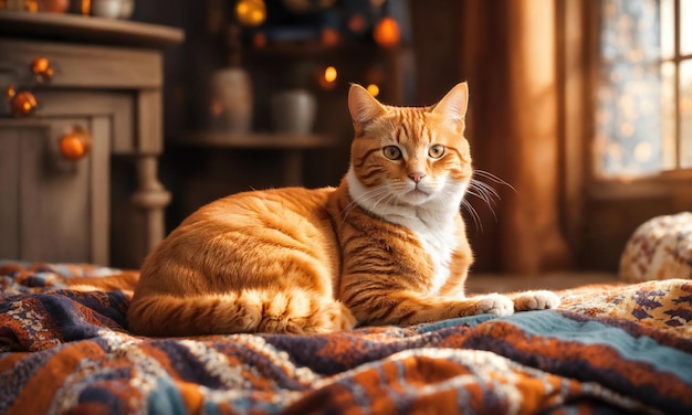 Schöne rote Katze, die mit einer warmen Decke auf dem Bett liegt