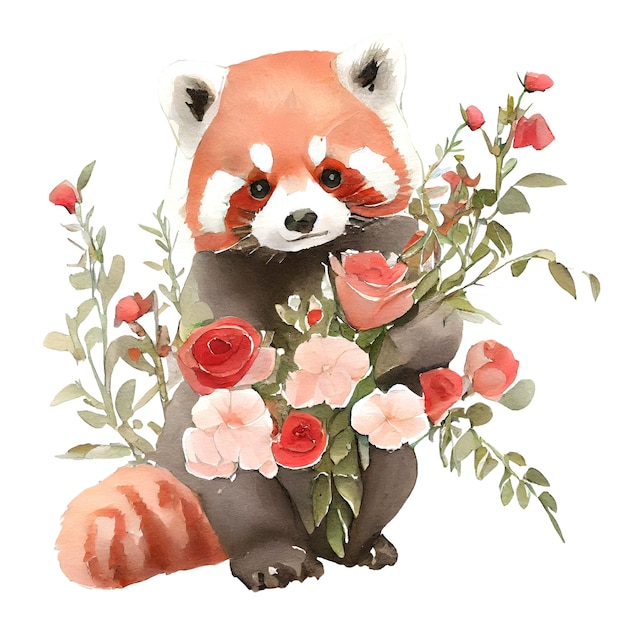 Foto schöne rote panda mit rosa blumen aquarell illustration isoliert auf weiß generative ki