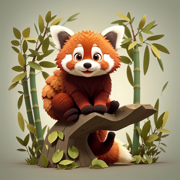 Schöne rote Panda steht auf einem Baum mit Bambus Cartoon Vector Icon Illustration Tier Natur isoliert