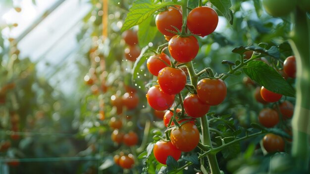 Schöne rote reife Kirschtomaten, die in einem Gewächshaus angebaut werden