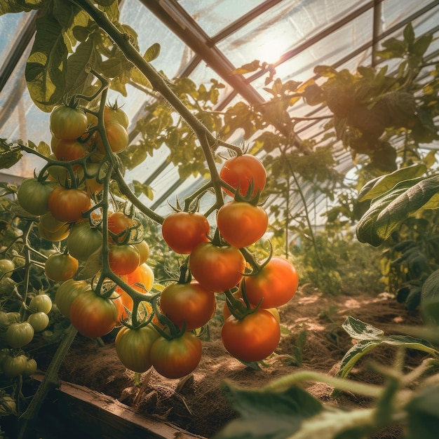 Schöne rote, reife Tomaten, die in einem Gewächshaus angebaut werden