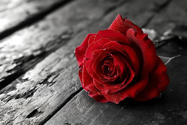 schöne rote Rose auf einem rustikalen Holztisch in Schwarz-Weiß