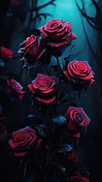 Schöne rote Rosen auf dunklem Hintergrund mit Regentropfen 3D-Rendering Generative KI