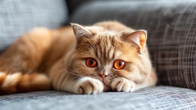 Schöne rote schottische Foldkatze mit orangefarbenen Augen liegt zu Hause auf einem grauen Textilsofa