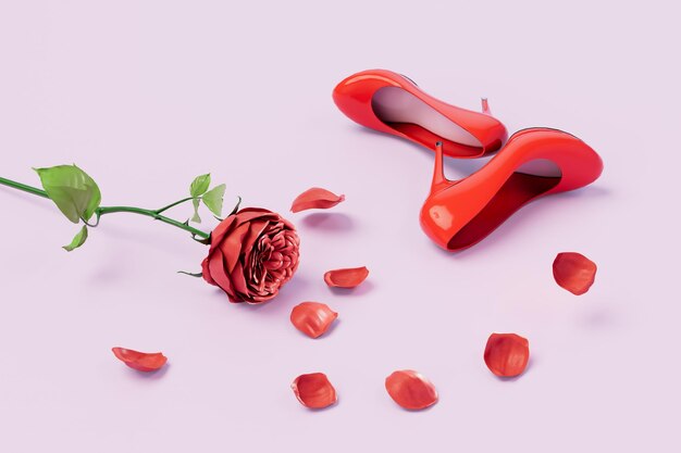 Schöne rote Schuhe neben einer roten Rose mit Blütenblättern, die auf den pastellfarbenen Hintergrund 3D fallen